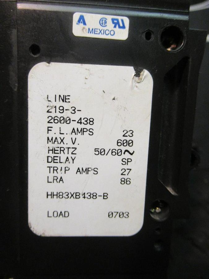 Used AIRPAX 3 POLE 23 AMP BREAKER 600 VAC 219-3-2600-438 TRIP 27 AMPS HH83XB438-B