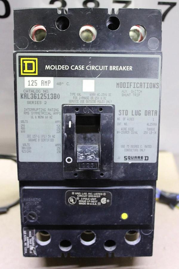 Used SQUARE D CIRCUIT BREAKER KAL361251380 125 AMP 600V 3-POLE W/ AUXILIARY & SHUNT
