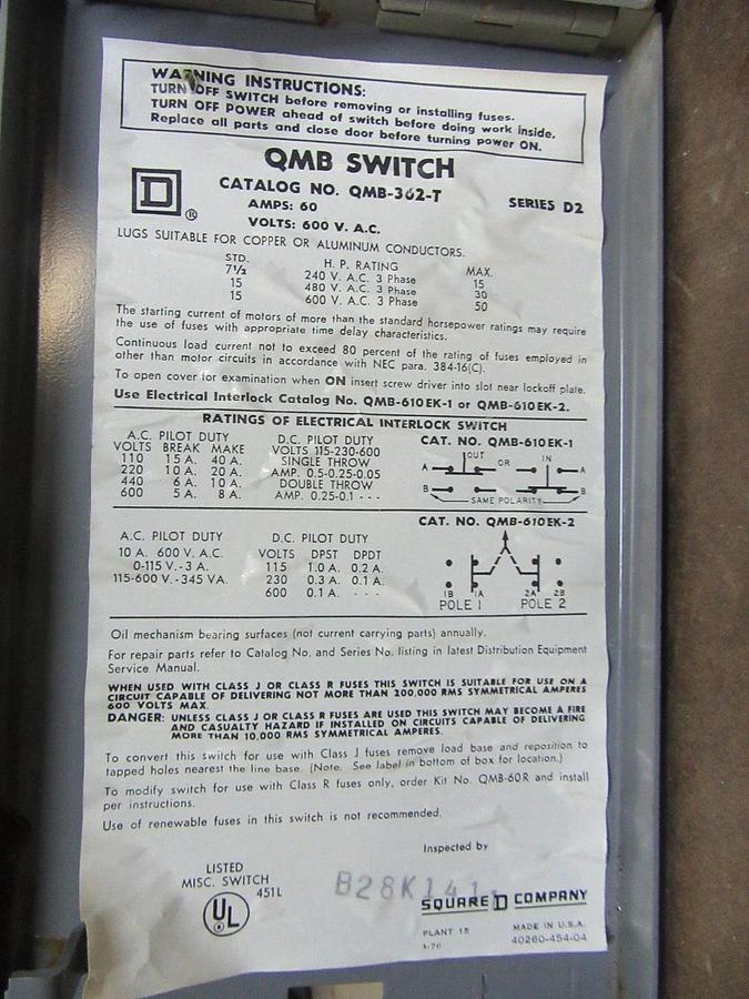 Used SQUARE D QMB SAFETY DISCONNECT SWITCH QMB362T 60 AMP 600 VAC 3-POLE 50 HP