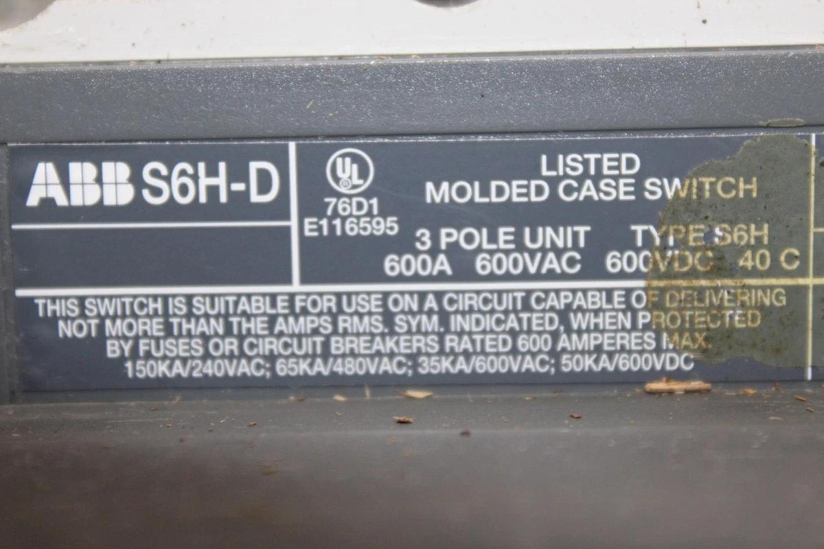 Used ABB MOLDED CASE SWITCH SACE S6 S6H-D 600 AMP 600 VAC 3-POLE **WARRANTY**