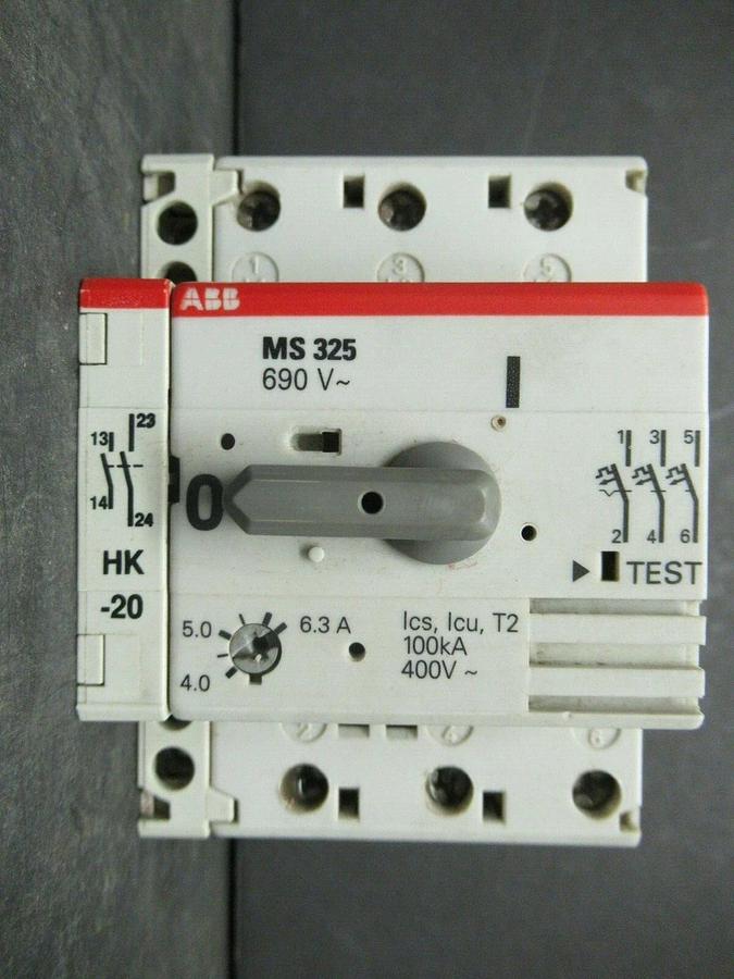 Used ABB MANUAL MOTOR START MS325 4-6.3 AMP 480 VAC W/ AUXILIARY CONTACTS