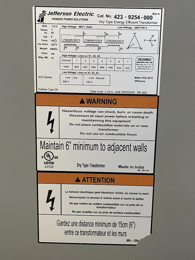 Used 112.5 KVA JEFFERSON TRANSFORMER 423-9254-000 480V HIGH 208/120V LOW NEMA 3R