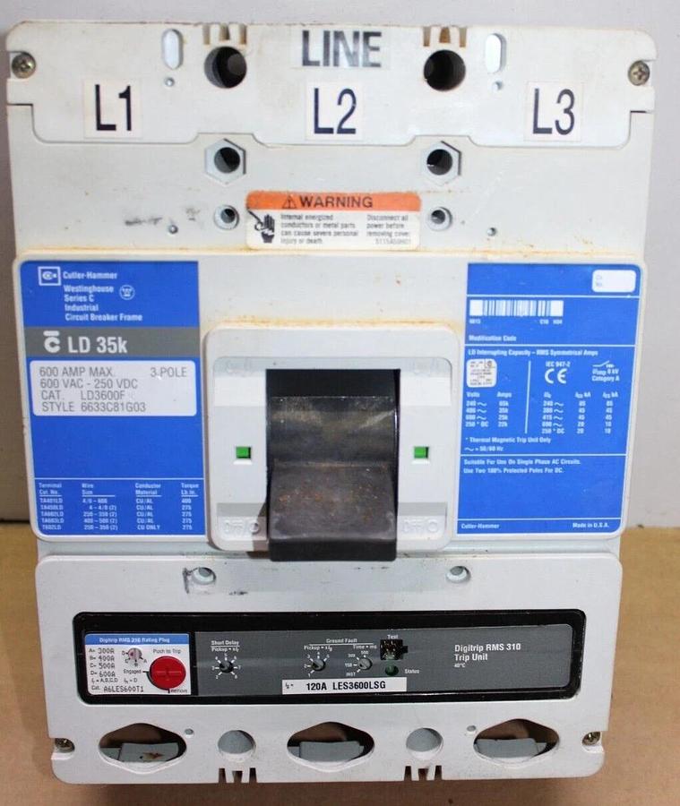 Used CUTLER HAMMER CIRCUIT BREAKER LD3600F 600 AMP 3-POLE 600 VAC LD-35K