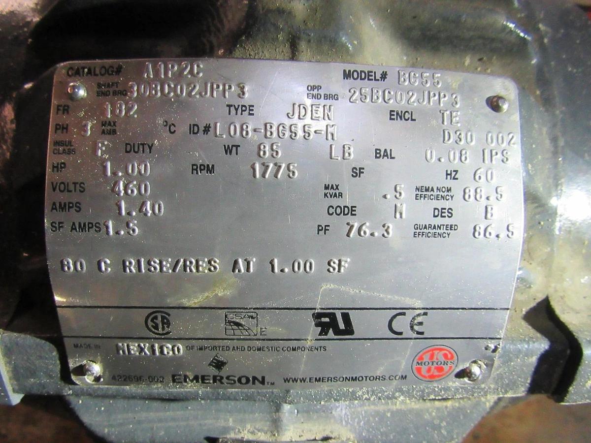 Used EMERSON INVERTER MOTOR A1P2C FRAME 182 ENCL TE 3PHASE 1775RPM 1HP 460V 1.4A 60HZ