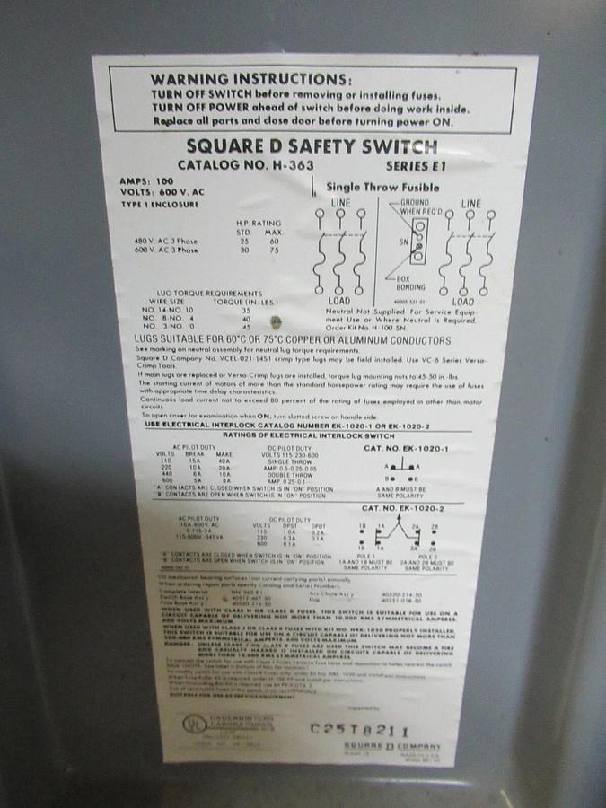Used SQUARE D SAFETY SWITCH H-363 TYPE 1 ENCLOSURE 100 AMP 75 HP 600 VAC 2-POLE