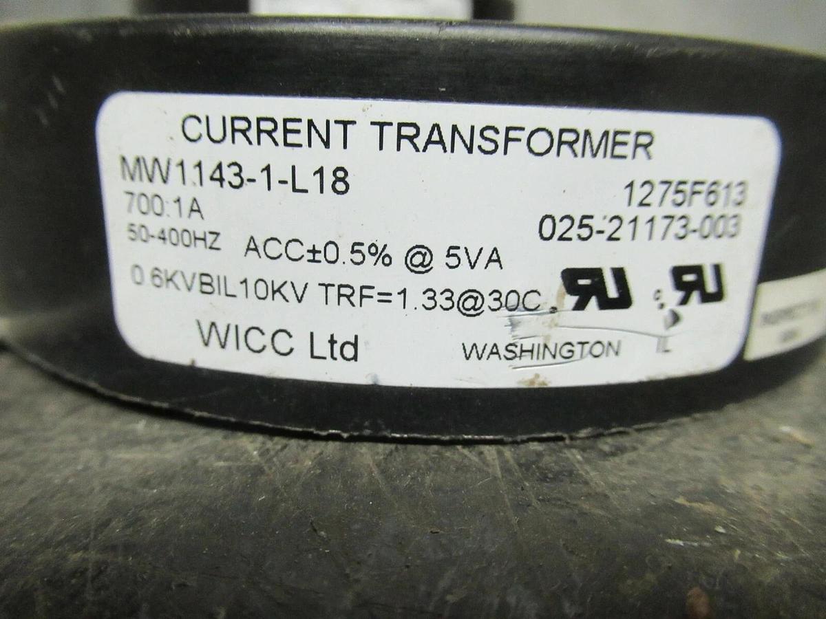 Used WICC LTD CURRENT TRANSFORMER 700:1 MW1143-1-L18 50-400 HZ **WARRANTY**