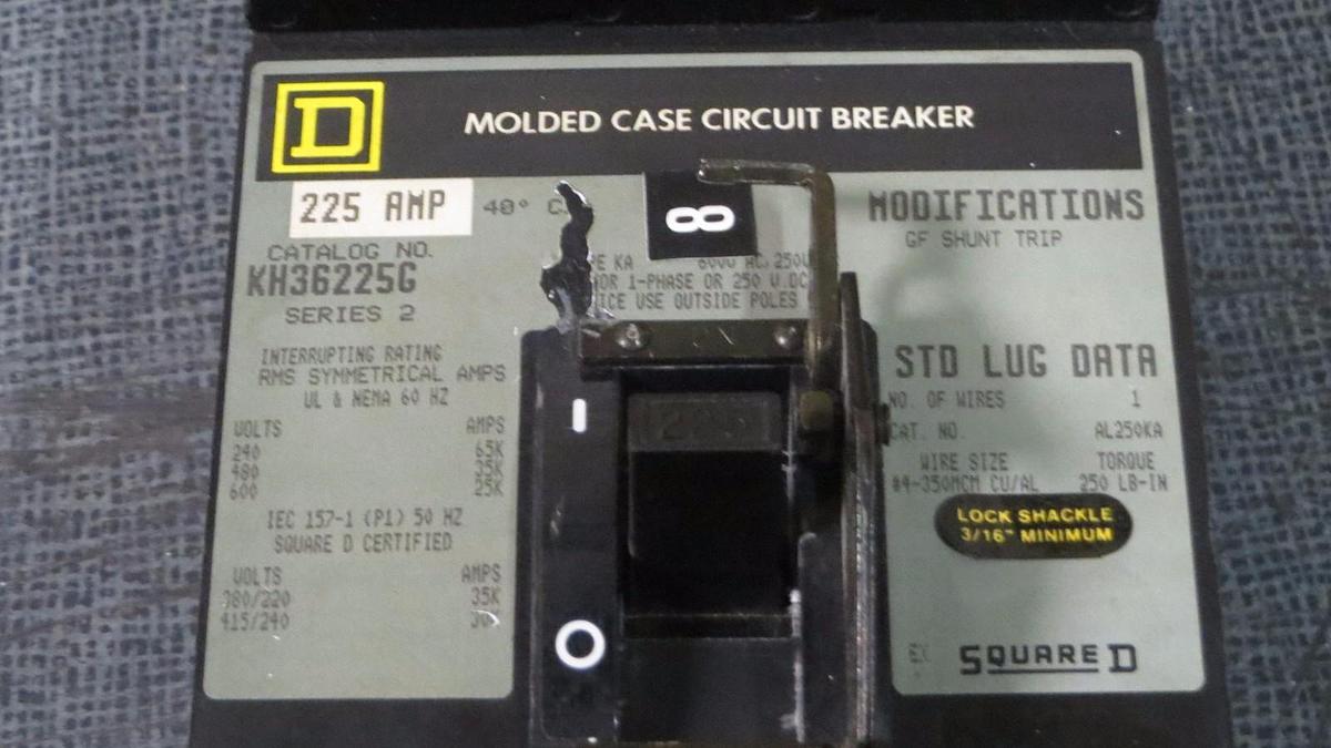 Used SQUARE D I-LINE BREAKER KH36225G 225 AMP 600 V 3 POLE W/ GROUND FAULT SHUNT