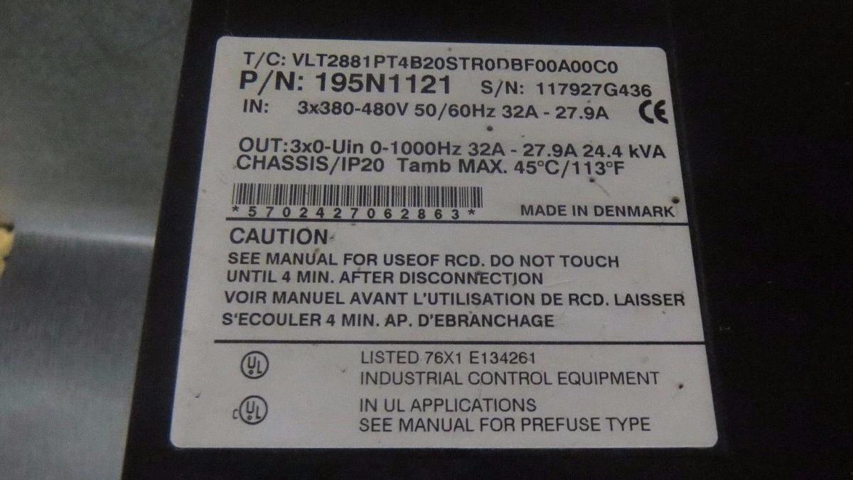 Used DANFOSS VARIABLE SPEED DRIVE VLT 2800 380-480V 27.9-32 AMP 20 HP MODEL: 195N1121