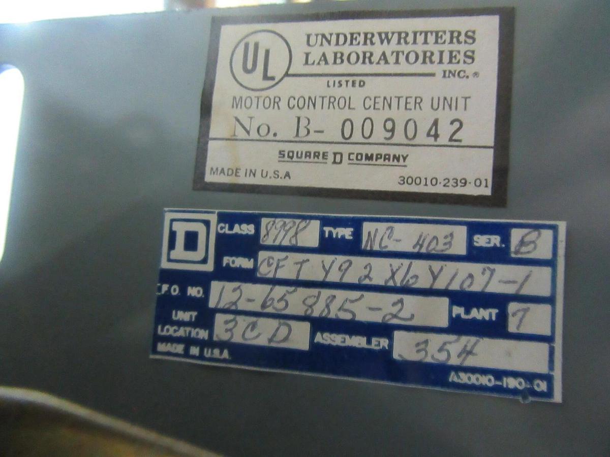 Used SQUARE D MCC FUSIBLE STARTER BUCKET 8998-NC-403 SER. B 12" MODEL: 4 NEMA 1