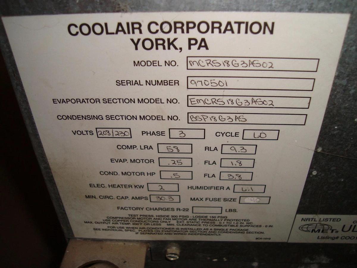 Used 1.5 TON YORK AIR CONDITIONING SYSTEM MCRS18G3AS02 EMCRS18G3AS02 EVAP AND COND