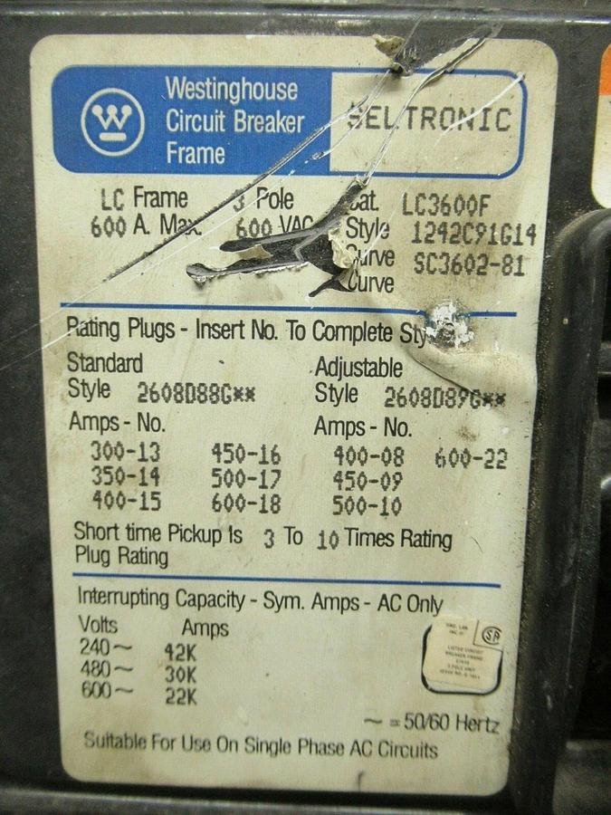 Used WESTINGHOUSE CIRCUIT BREAKER LC3600F 600 AMP 600 VAC 3-POLE **WARRANTY**