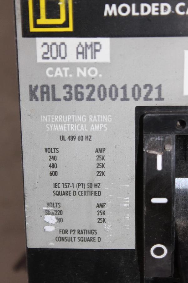 Used SQUARE D CIRCUIT BREAKER KAL362001021 200 AMP 600 VAC 3-POLE W/ SHUNT TRIP