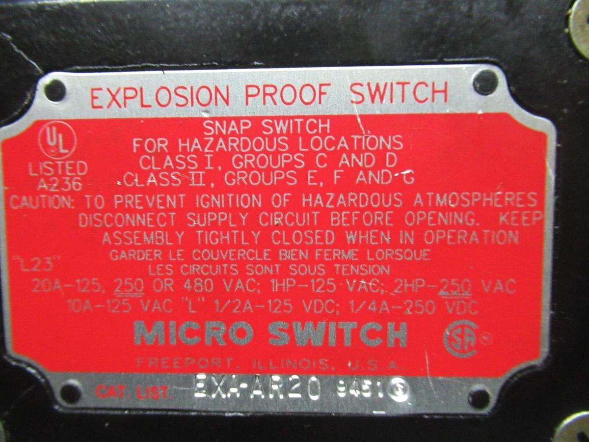 Used HONEYWELL EXPLOSION PROOF MICRO SNAP SWITCH EXA-AR20 20 AMP 480 VAC 2 HP