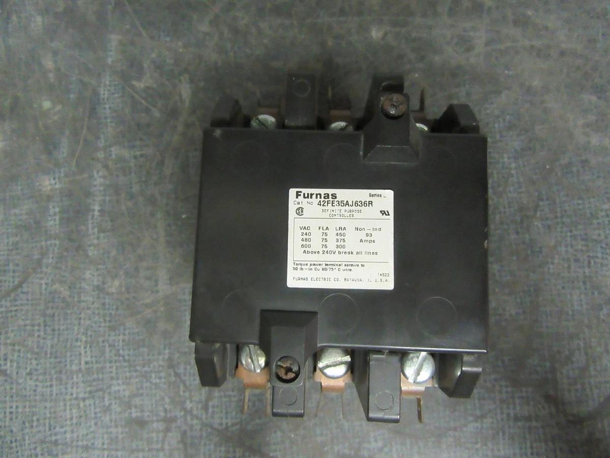 Used FURNAS DEFINITE PURPOSE CONTACTOR 42FE35AJ636R 600V 75A 3-POLE 3-PHASE COIL: 24V