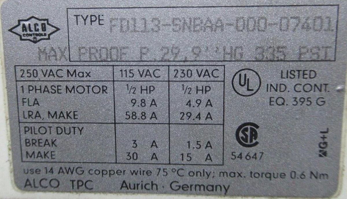 Used TRANE / ALCO PRESSURE CONTROL GAUGE X132400-7401 / FD113-SNBAA-000-07401