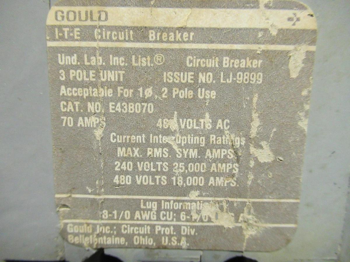 Used 70 AMP ITE / GOULD BREAKER E43B070 480 VAC 2 POLE **WARRANTY INCLUDED**