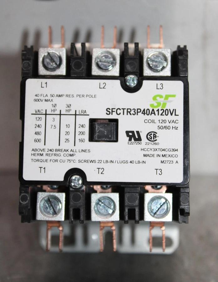 Used SF CONTACTOR SFCTR3P40A120VL 40 AMP 600 VAC 3-POLE 25 HP COIL: 120 VAC