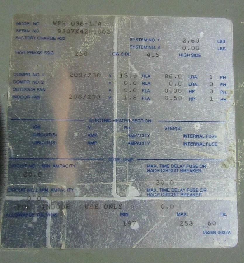 Used 3 TON MARS INDOOR TEMPORARY WATER-TO-AIR PACKAGED HEAT PUMP 1060 CFM WPH 036-1J