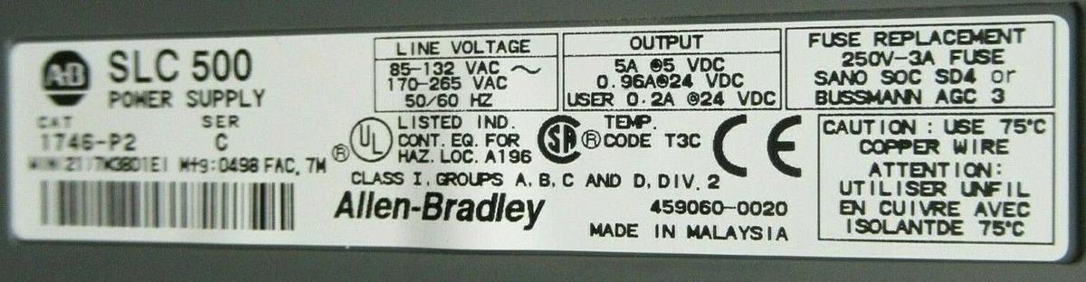 Used ALLEN BRADLEY SLC 500 POWER SUPPLY 1746-P2 SER. C W/ 1746-A10 SER.B 10 SLOT RACK