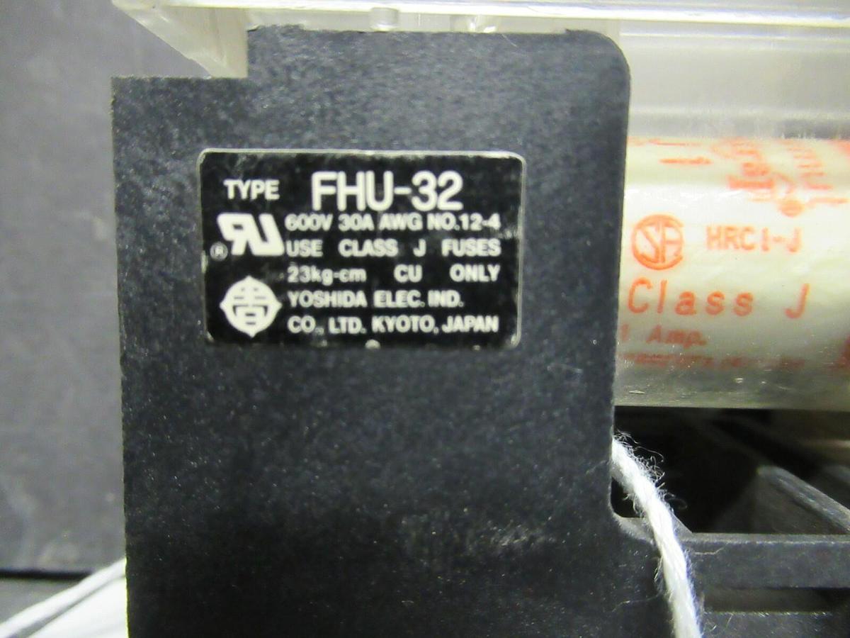 Used YOSHIDA FUSE HOLDER FHU-32 600 VOLT 30 AMP CLASS J FUSES W/ A4J1 FUSES
