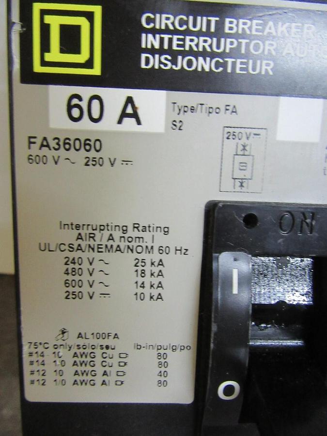 SQUARE D I-LINE BREAKER FA36060 3-POLE 60 AMP 600 VAC W/ LUGS **WARRANTY**