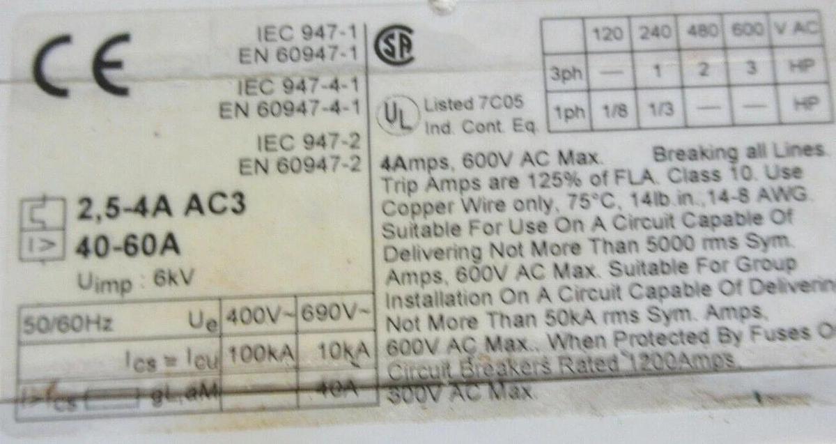 Used ABB MANUAL MOTOR STARTER MS-325 600 VAC 2.5-4 AMPS 3 HP 3-POLE 3-PHASE