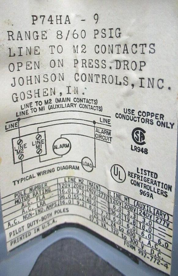 Used PENN DIFFERENTIAL PRESSURE CONTROL P74HA-9 277 VAC 16 AMP 8/60 PSIG **WARRANTY**