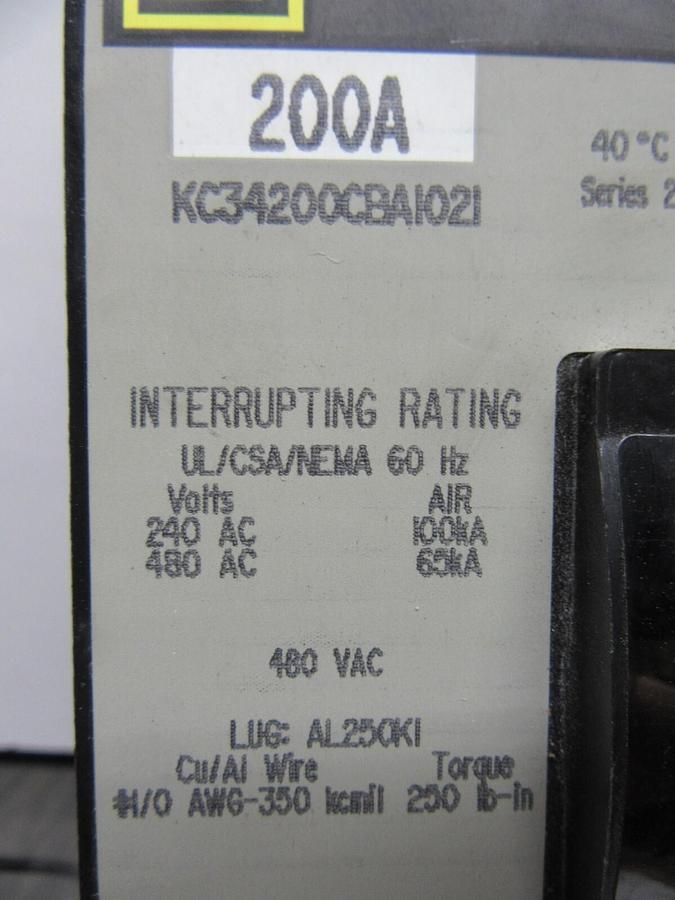 Used SQUARE D I-LINE CIRCUIT BREAKER KC34200CBA1021 200 AMP 480 VAC W/ SHUNT TRIP