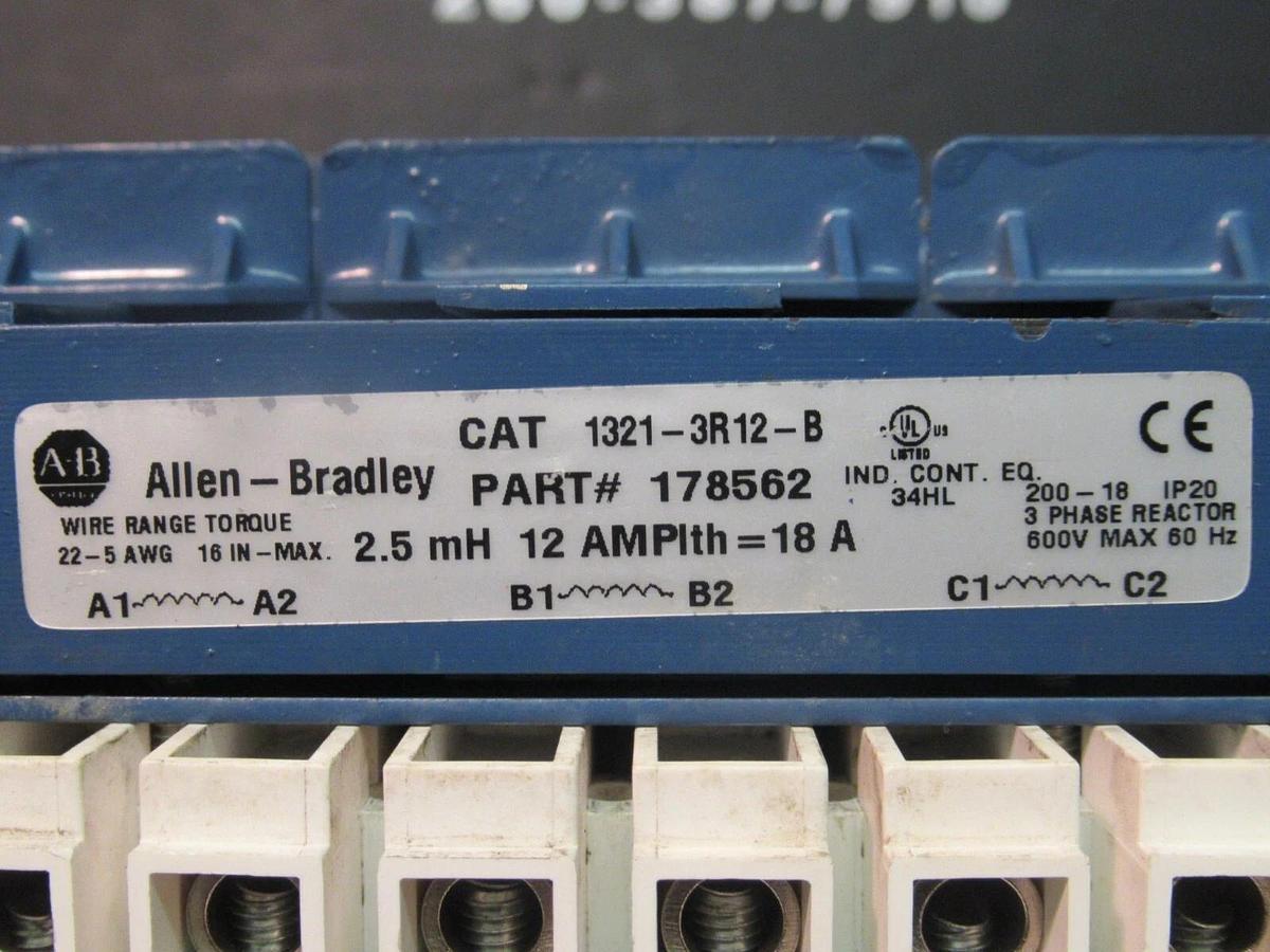 Used ALLEN BRADLEY 3 PH REACTOR CAT# 1321-3R12-B P/N: 178562 2.5 mH 12 AMP 600 V MAX