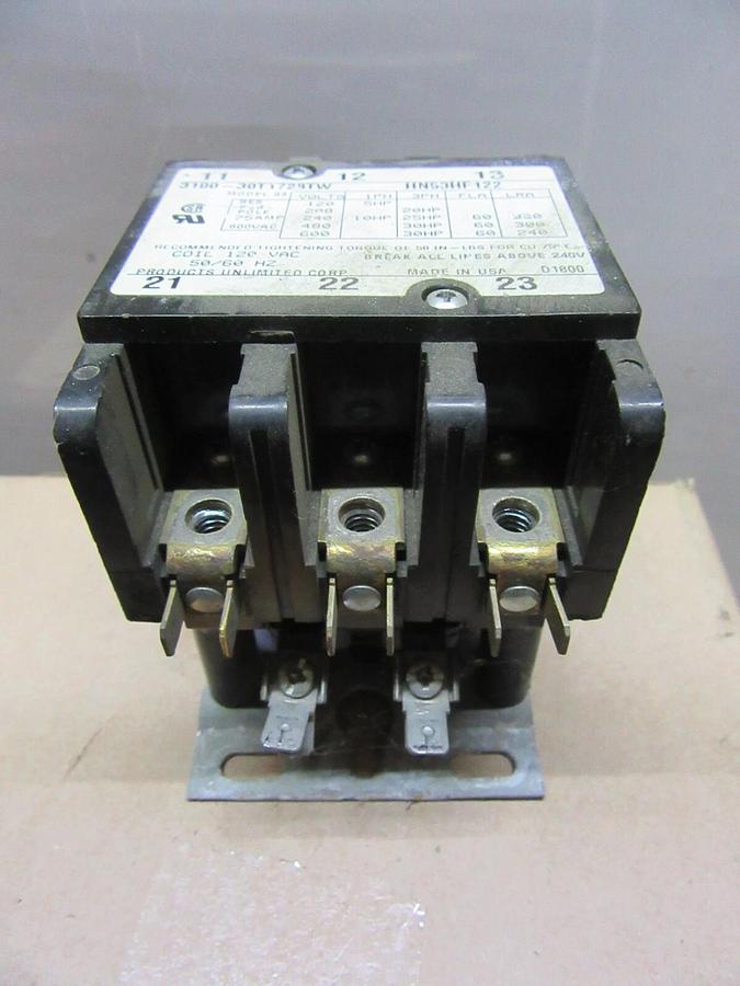 Used PRODUCTS UNLIMITED CONTACTOR 3100-30T1728TW HN53HF122 600 VOLT 60 AMP *WARRANTY*