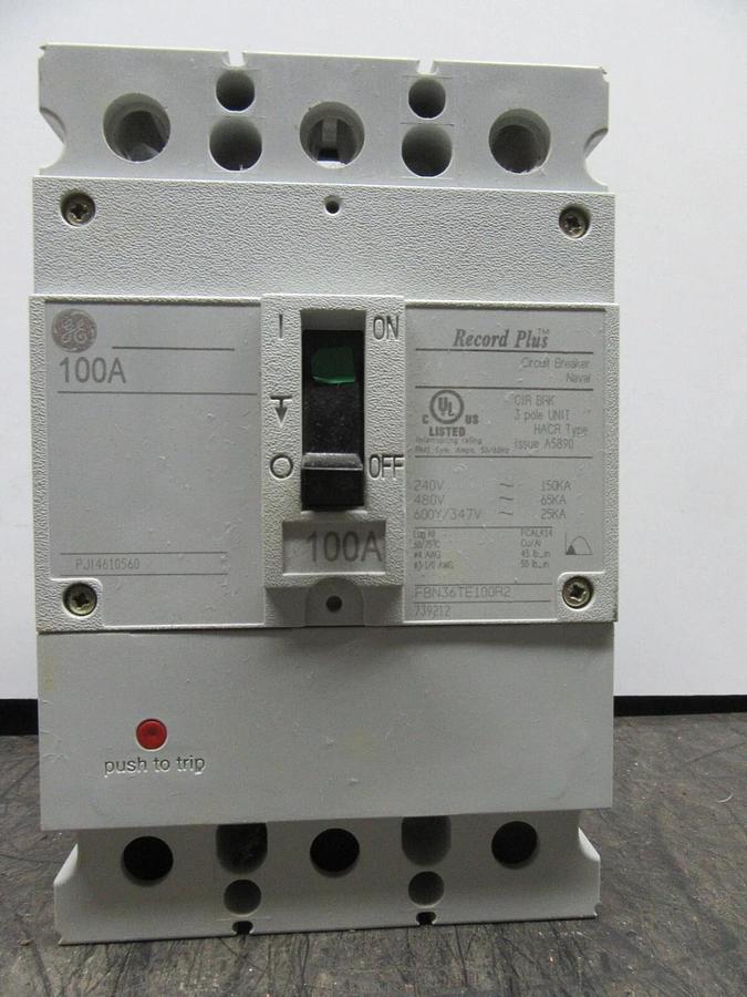 Used GE RECORD PLUS HACR BREAKER FBN36TE100R2 100 AMP 480 VOLT 600Y/347V 3-POLE