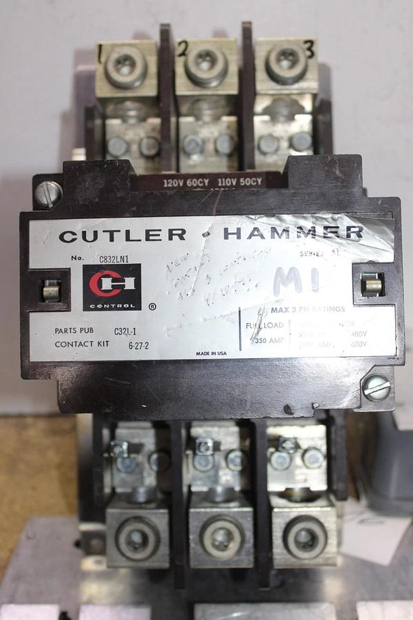 Used CUTLER-HAMMER CONTACTOR C832LN1 350 AMP 600 VAC 3-PHASE COIL: 120 VOLT
