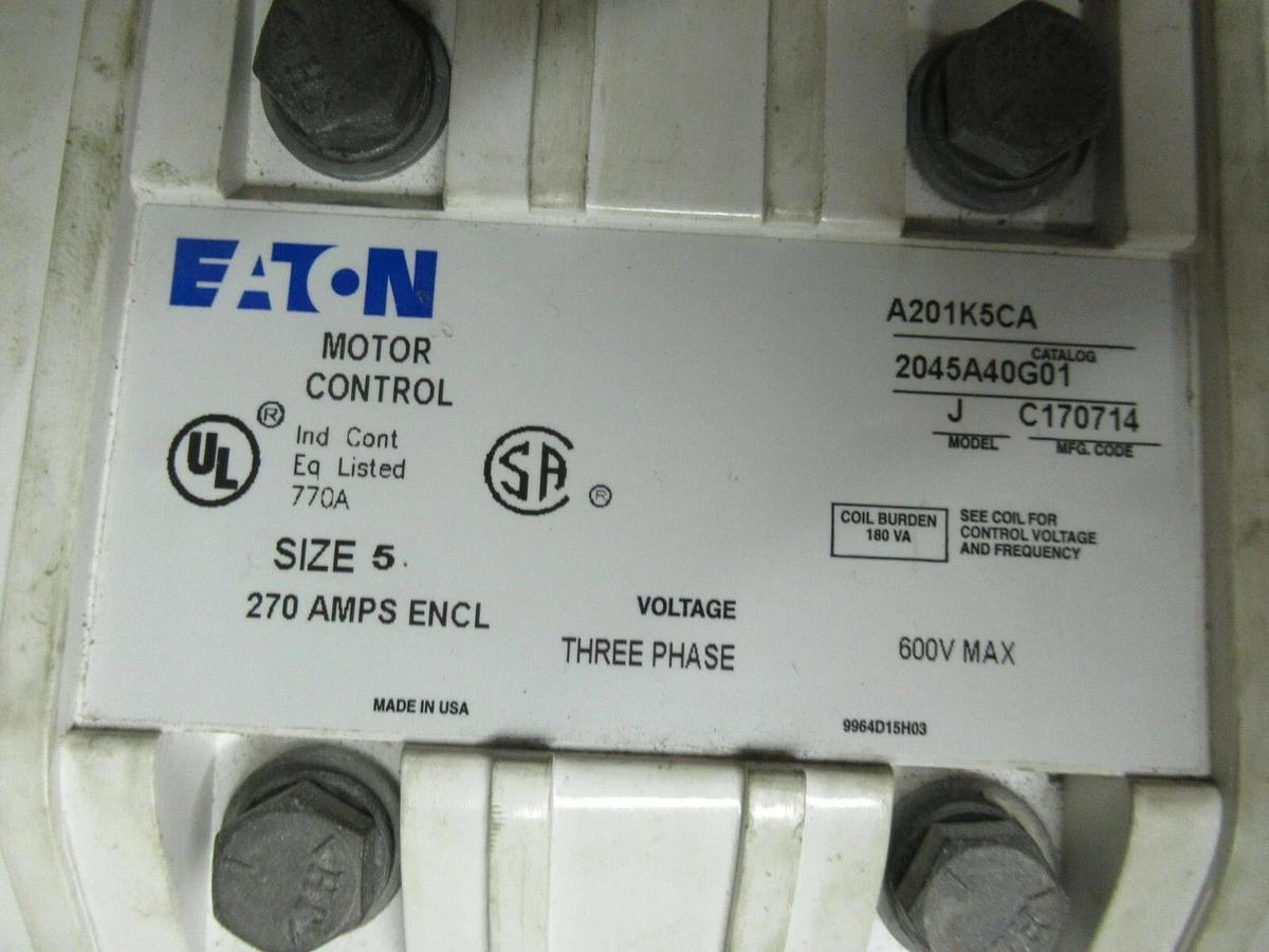Used EATON NEMA CONTACTOR A201K5CA 270 AMP 200 HP 600 VAC NEMA 5 3-PHASE COIL: 120V
