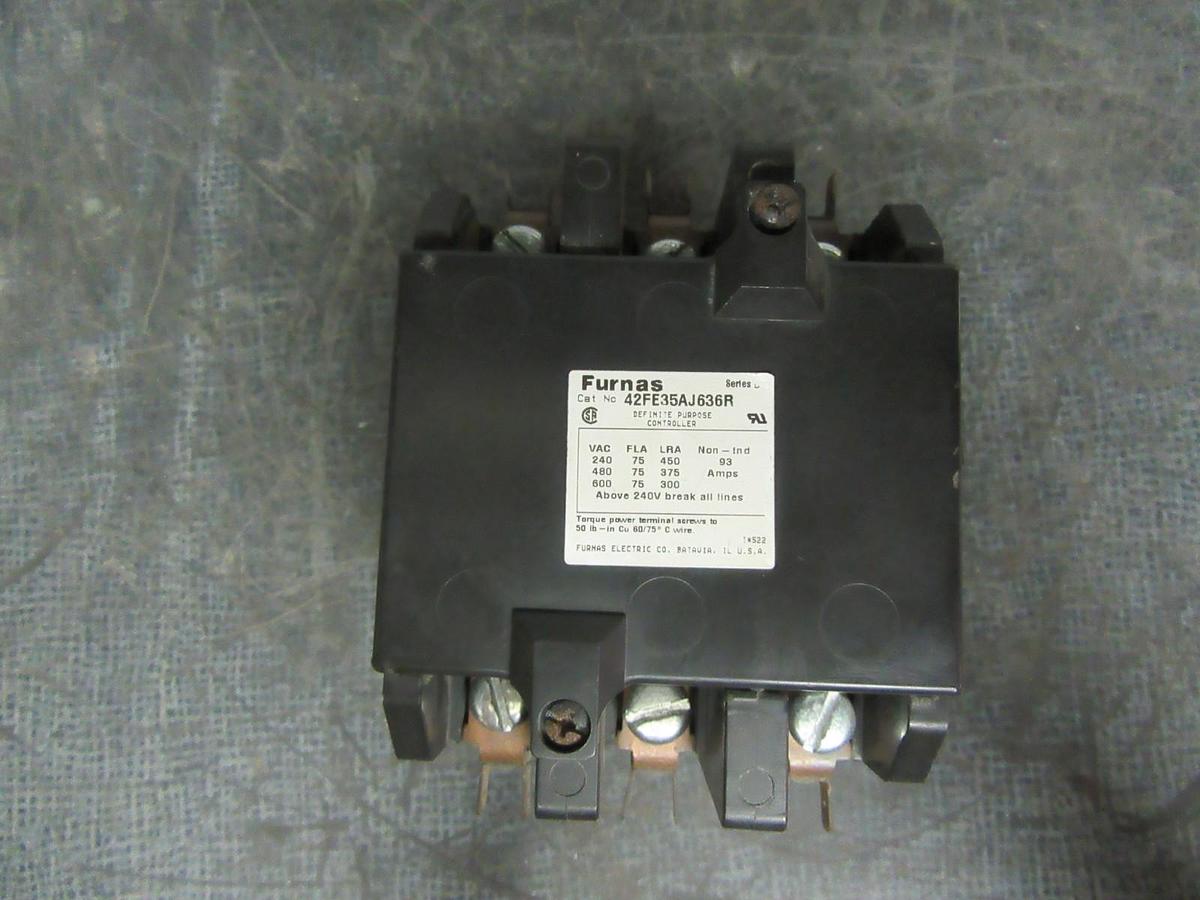Used FURNAS DEFINITE PURPOSE CONTACTOR 42FE35AJ636R 600V 75A 3-POLE 3-PHASE COIL: 24V