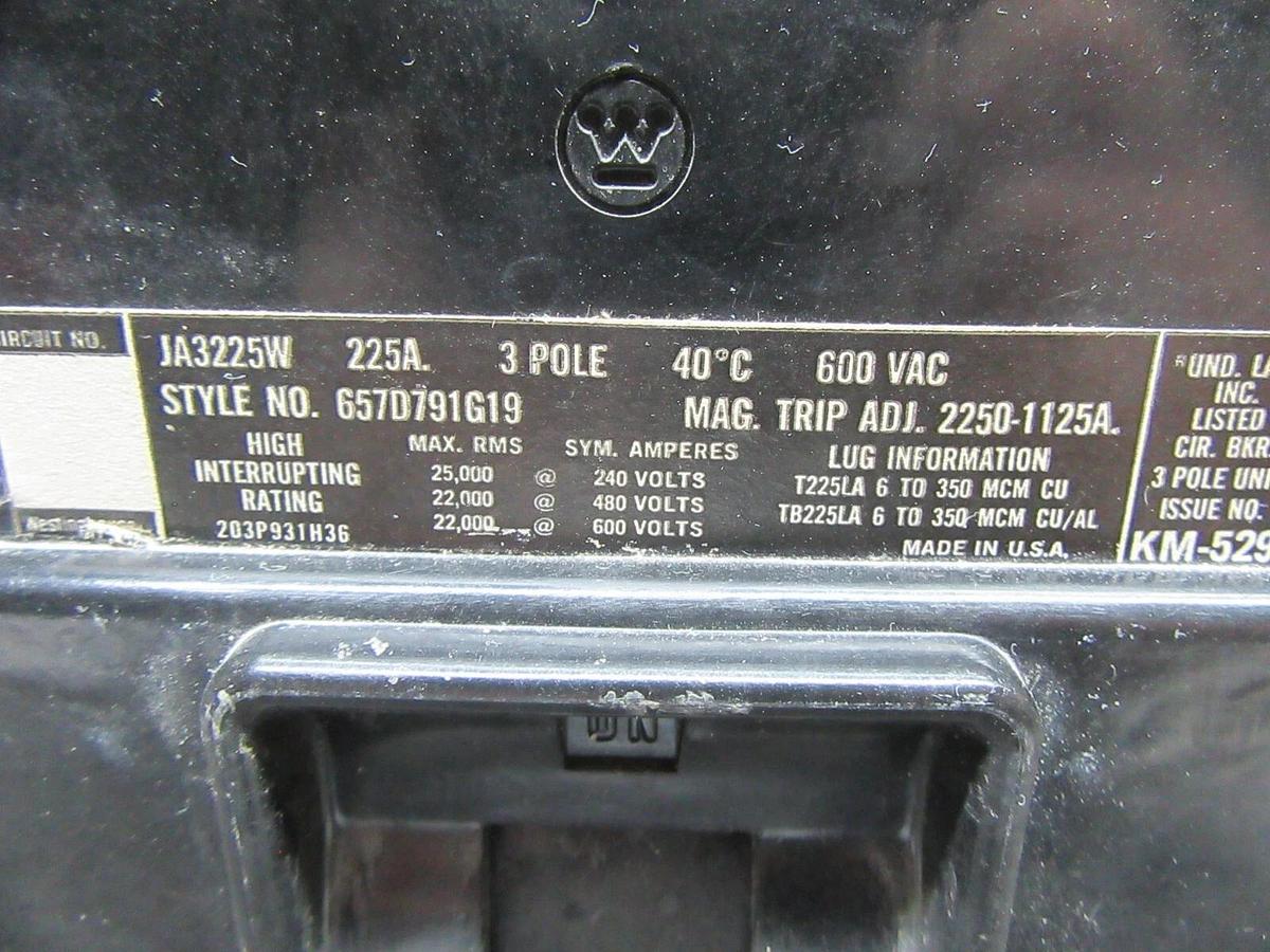 Used WESTINGHOUSE 3-POLE CIRCUIT BREAKER JA3225W 225 AMP 600 VAC **WARRANTY**