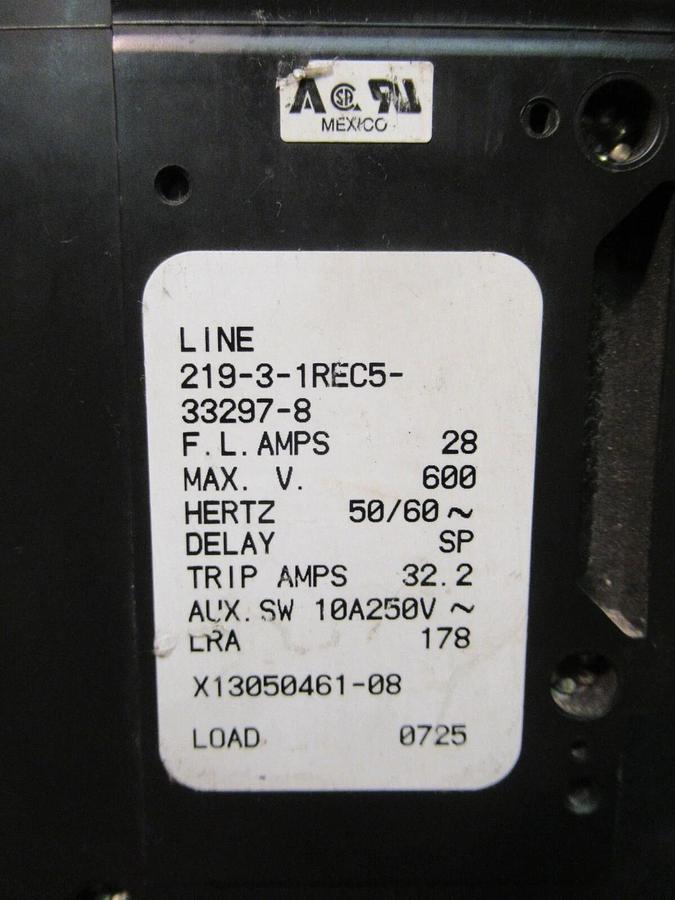 Used AIRPAX 3 POLE 28 AMP BREAKER 600 VAC 219-3-1REC5-33297-8 32.2 TRIP X13050461-08