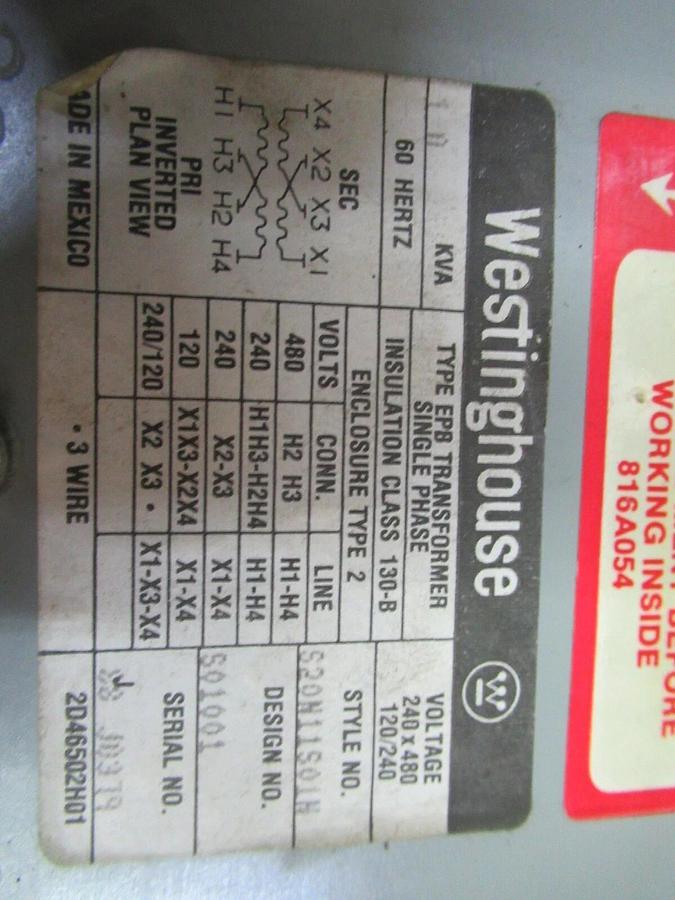 Used 1 KVA WESTINGHOUSE S20N11S01H ENCAPSULATED TRANSFORMER 240 X 480 VAC 240/120