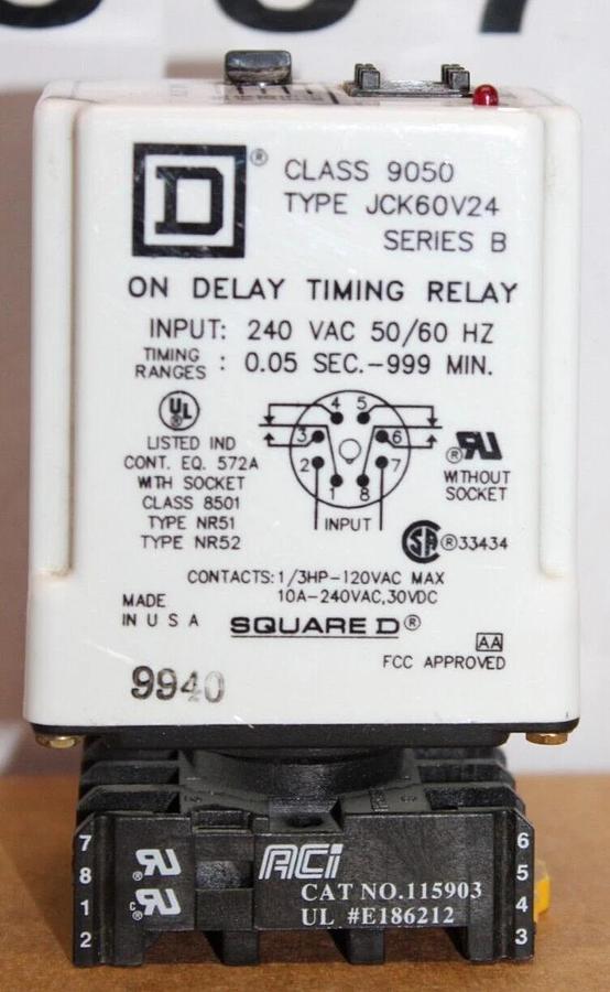 Used SQUARE D TIME DELAY RELAY JCK60V24 240 VAC 10 AMP 0.05 SEC TO 999 MIN
