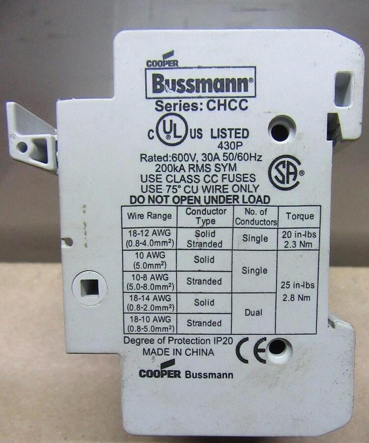 Used LOT OF 2 BUSSMANN FUSE HOLDER CHCC 600 VOLT 30A 50/60 HZ 3-POLE CLASS CC FUSES