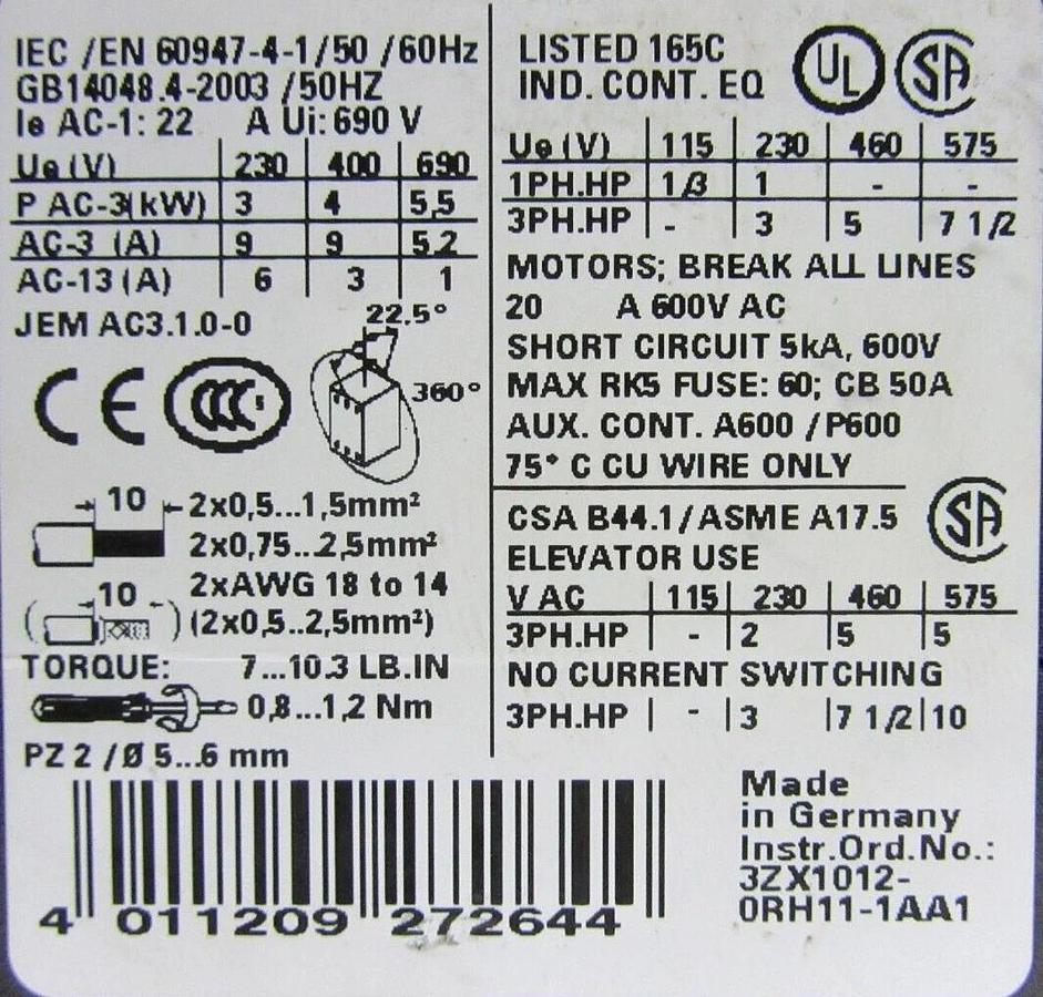 Used SIEMENS STARTER 3RT1016-1AB01 W/ 3RV1011-1KA10 600 VOLT 5 HP 20 AMP **WARRANTY**