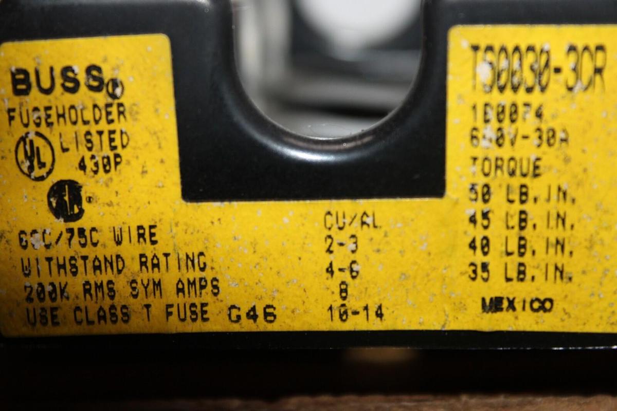 Used BUSS FUSE BLOCK HOLDER T60030-3CR 600 VAC 30 AMP 3-POLE **WARRANTY**