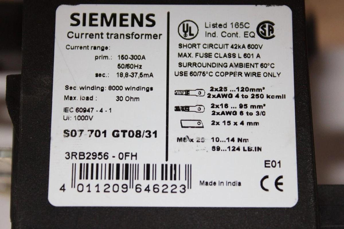 Used SIEMENS CURRENT TRANSFORMER 3RB2956-0FH 300 AMP *MISSING TOP*