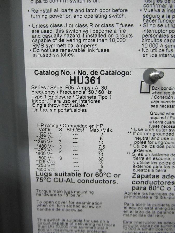 Used SQUARE D SAFETY SWITCH HU361 30 AMP 600 VAC 30 HP 3-POLE TYPE 1 ENCLOSURE