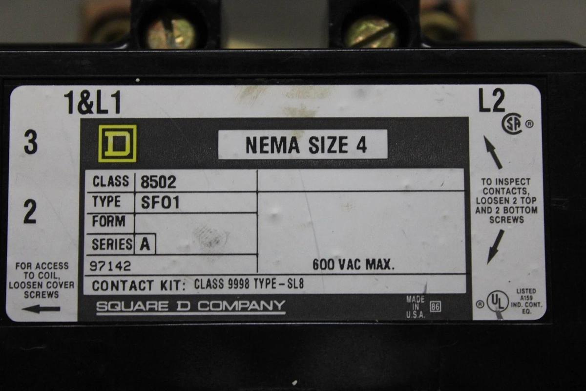 Used SQUARE D CONTACTOR 8502SF01 NEMA SIZE 4 600 VAC 2-POLE COIL: 120V