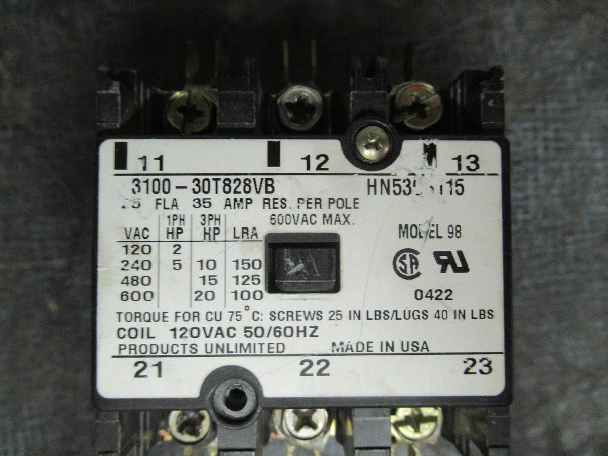 Used PRODUCTS UNLIMITED CONTACTOR 3100-30T828VB 25A 20HP 600V COIL: 120V