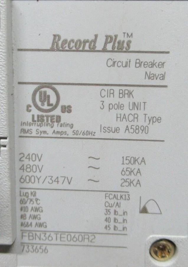 Used GE BREAKER RECORD PLUS FBN36TE060R2 TYPE: HACR 60 AMP 600 VAC **WARRANTY**