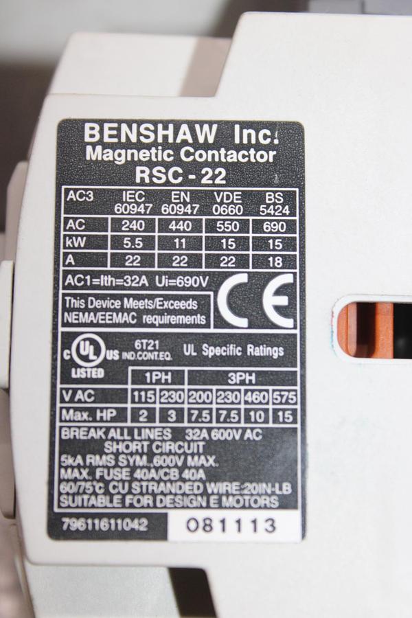 Used BENSHAW NEMA CONTACTOR RSC-32 NEMA SIZE 0 600 VAC 40 AMP 20 HP