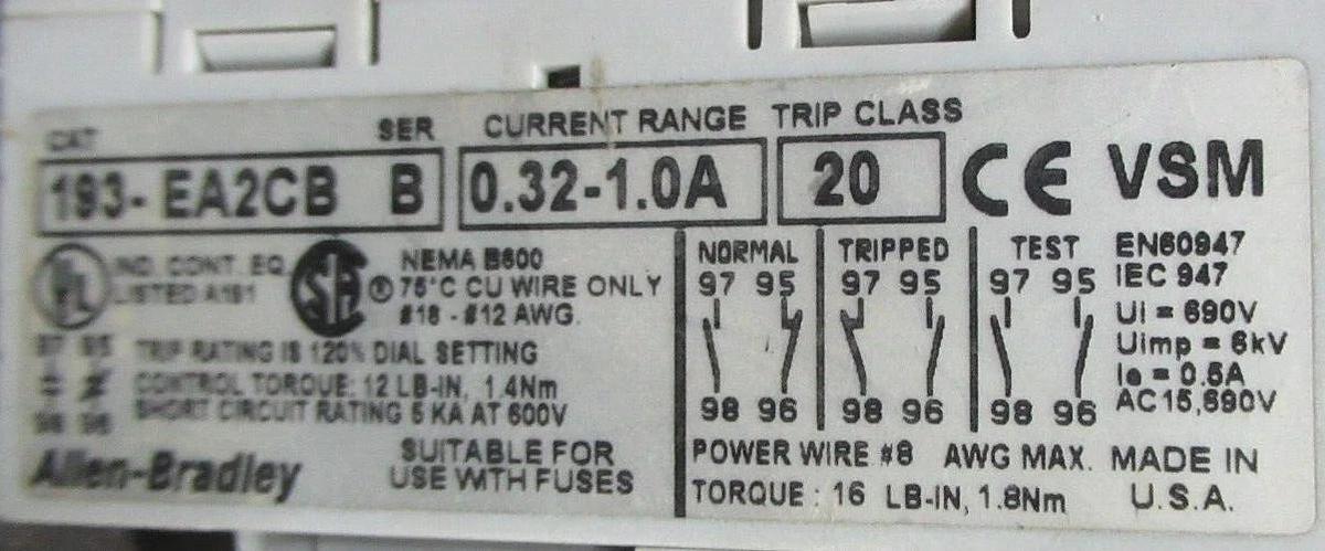 Used ALLEN BRADLEY OVERLOAD RELAY 193-EA2CB SER. B 0.32-1 AMP **WARRANTY**