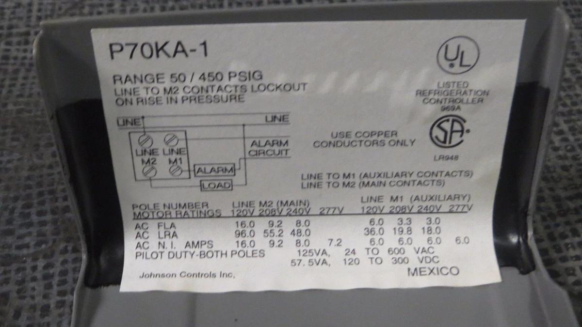 JOHNSON CONTROLS PENN PRESSURE SWITCH P70KA-1 277 VOLT 16 AMP 125 VA *WARRANTY*