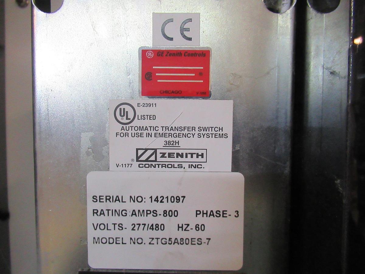 Used 800 AMP 480 V ZENITH AUTOMATIC TRANSFER SWITCH ZTG5A80ES-7 GE EPM 3000P GFI SUITABLE FOR SERVICE ENTRY